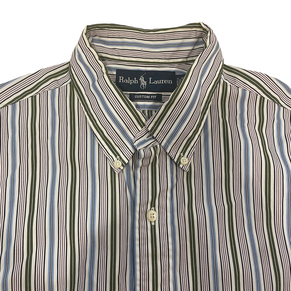 Ralph Lauren Oxford Striped Button Up Blue Green Designer Dress Shirt 17 Large